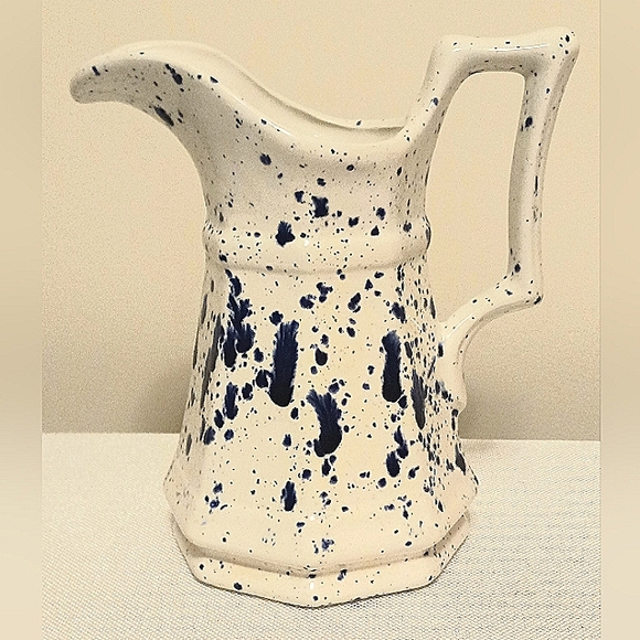Vtg Handpainted White With Cobalt Splatterware Glazed Pitcher - Picture 1 of 5